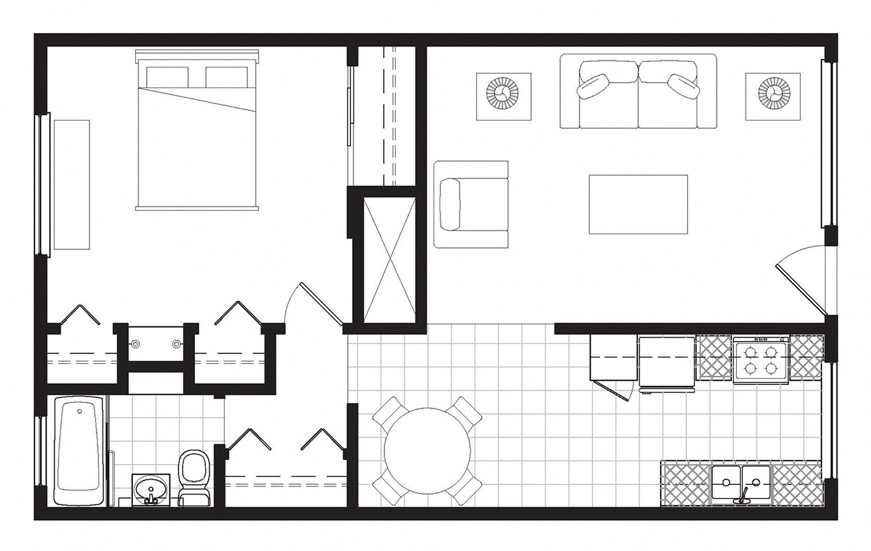 Floor plan for 1 bed, 1 bath, 686 sqft